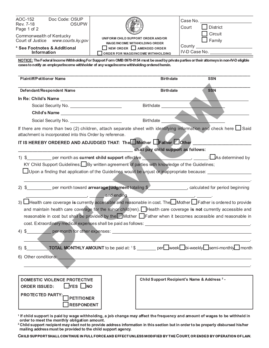 Kentucky Uniform Child Support Order US Legal Forms