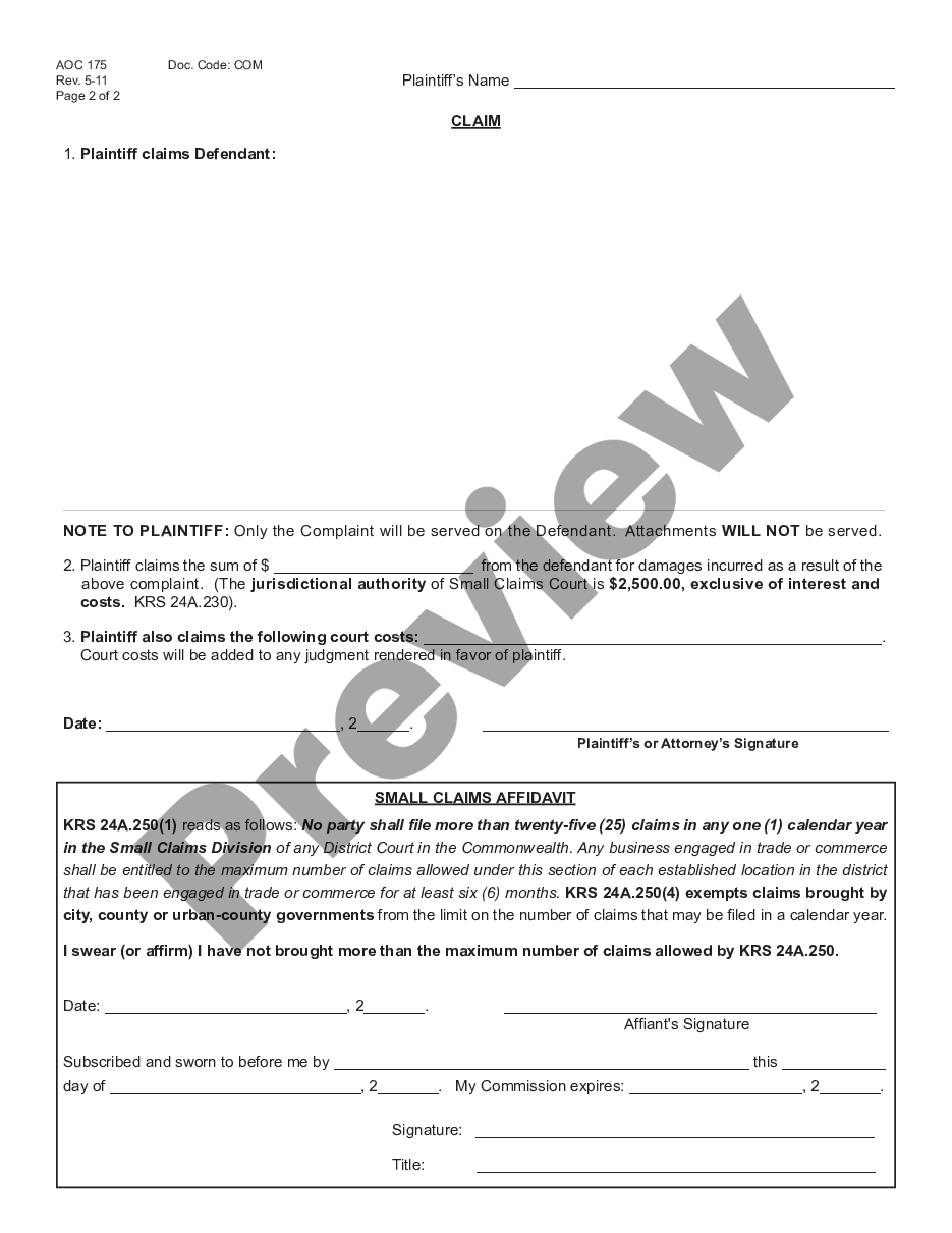 Kentucky Small Claims Complaint Aoc 175 US Legal Forms