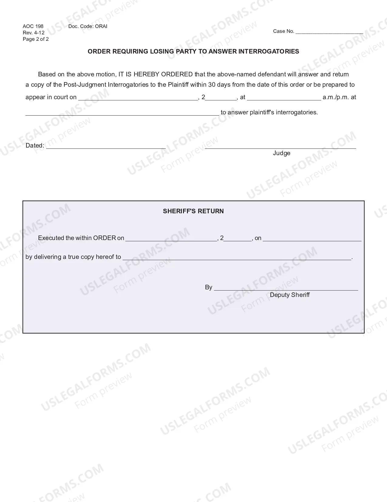 Preview Small Claims Post Judgment Motion Order Requiring Losing Party to Answer Interrogatories