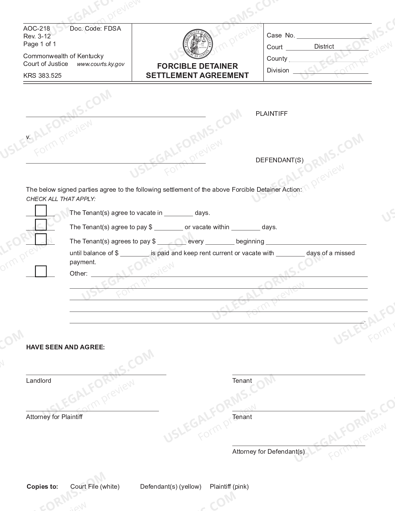 Louisville Kentucky Forcible Detainer / Eviction Settlement Agreement