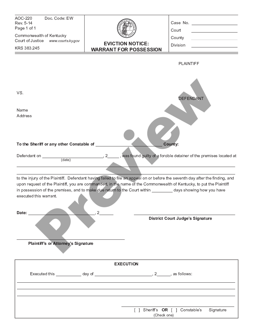 Kentucky Eviction Notice - Warrant of Possession - Warrant Of ...