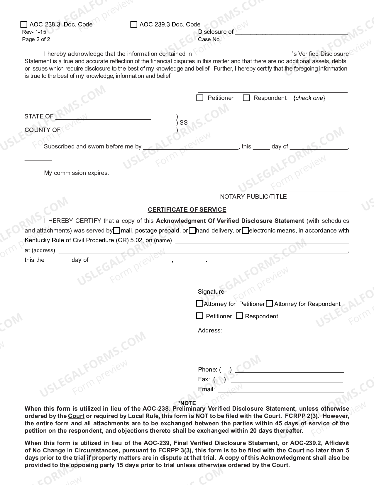 Kentucky Acknowledgment of Preliminary or Final Verified Disclosure