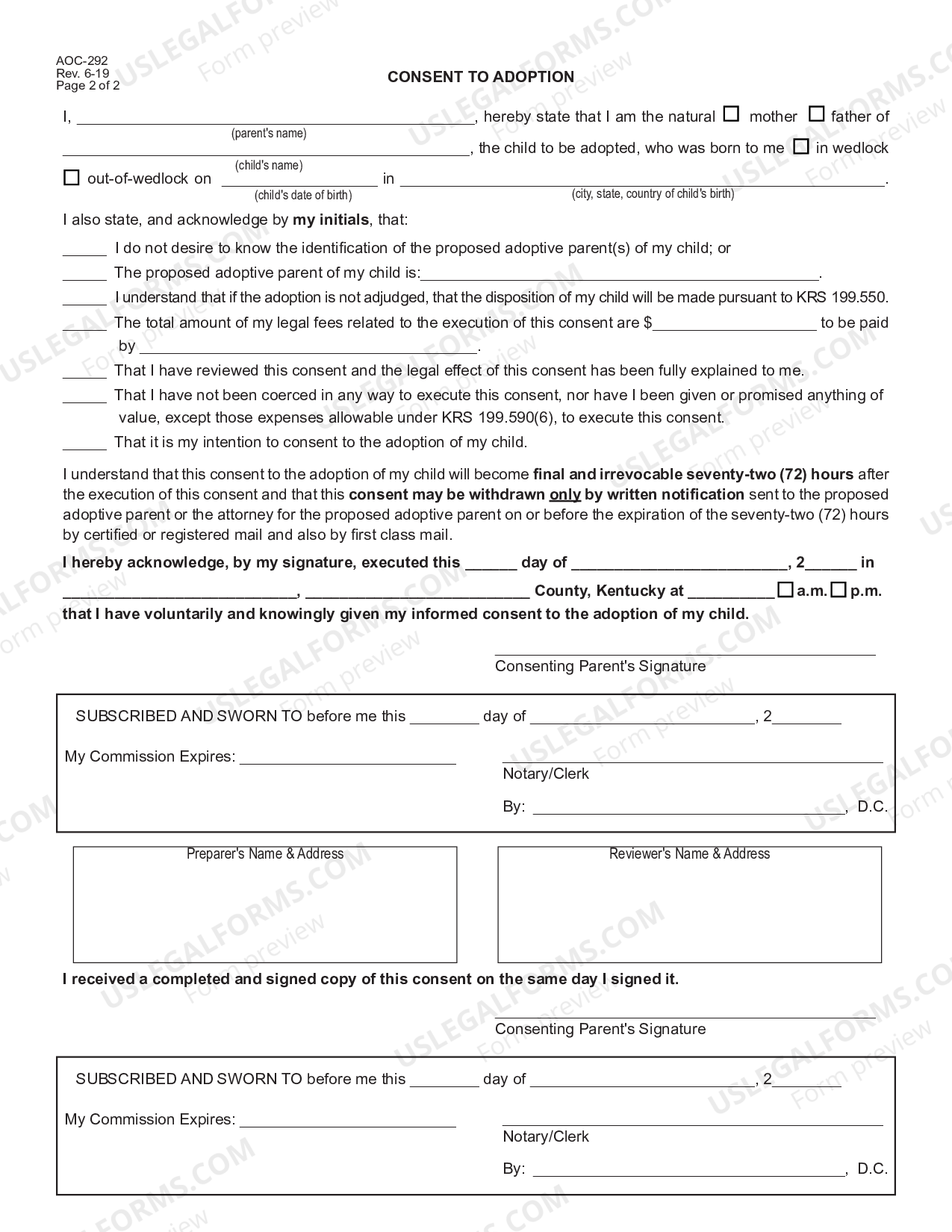 Kentucky Appearance Waiver and Consent To Adoption | US Legal Forms