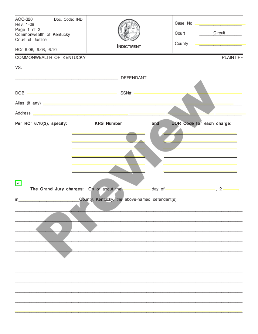 Kentucky Indictment Indictment Paper US Legal Forms