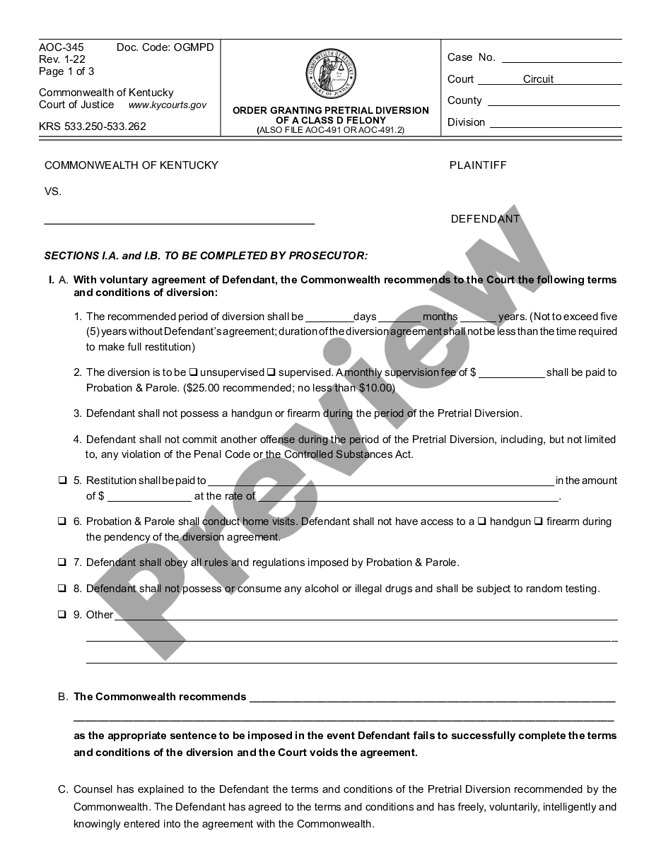 page 0 Order Granting Pretrial Diversion of a Class D Felony preview
