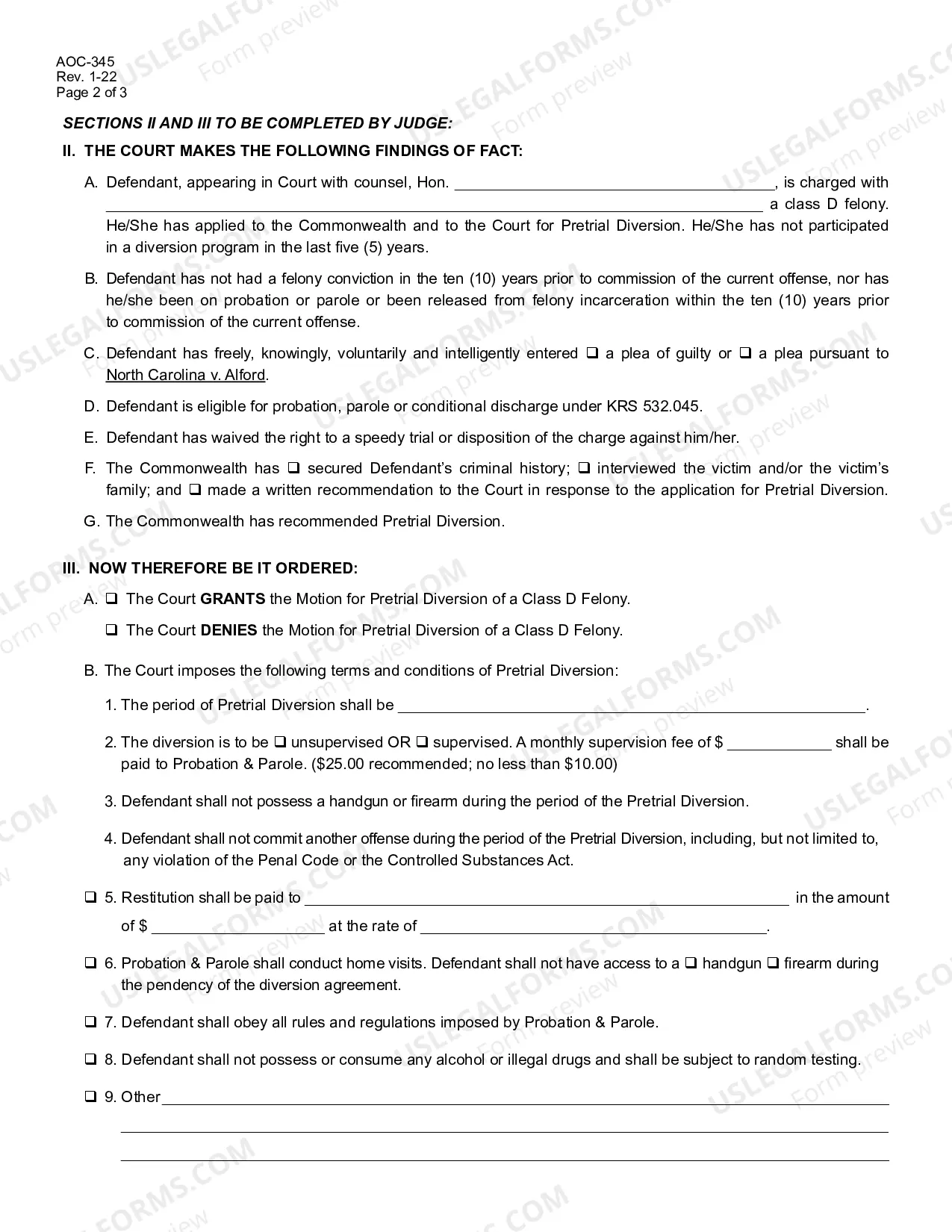 Preview Order Granting Pretrial Diversion of a Class D Felony