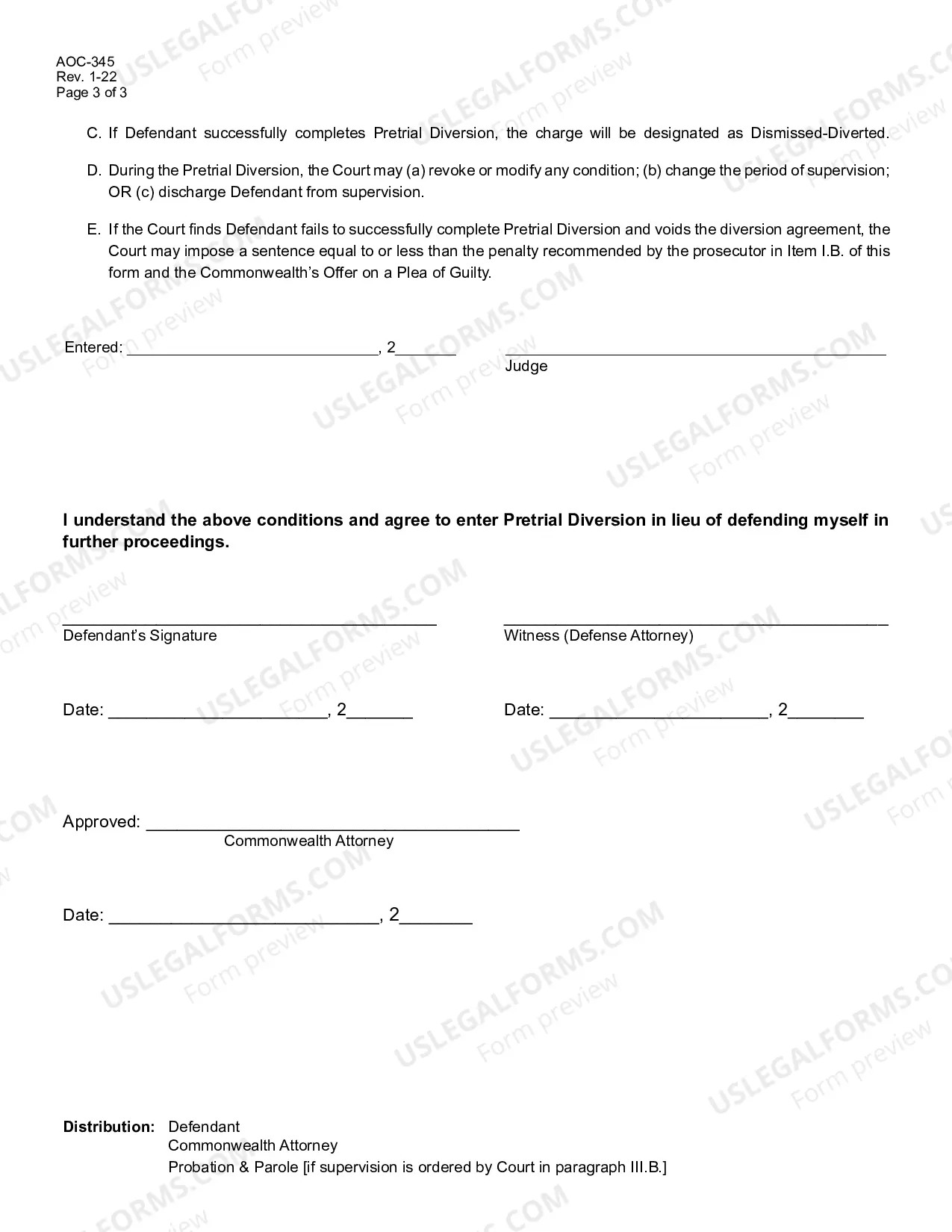 Preview Order Granting Pretrial Diversion of a Class D Felony