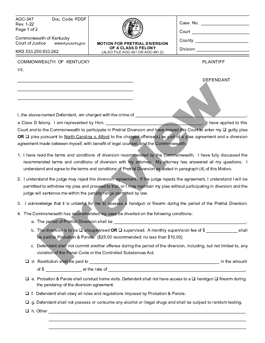 Louisville Kentucky Motion For Pretrial Diversion Of A Class D Felony Us Legal Forms 9402