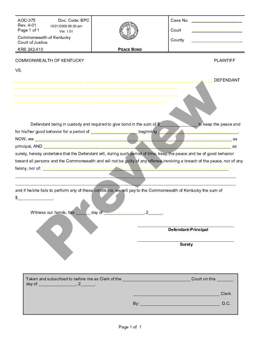 Kentucky Peace Bond | US Legal Forms