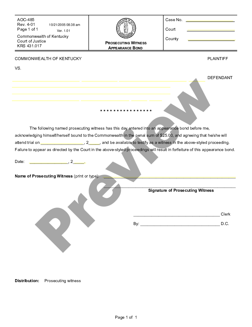 Kentucky Prosecuting Witness Appearance Bond US Legal Forms
