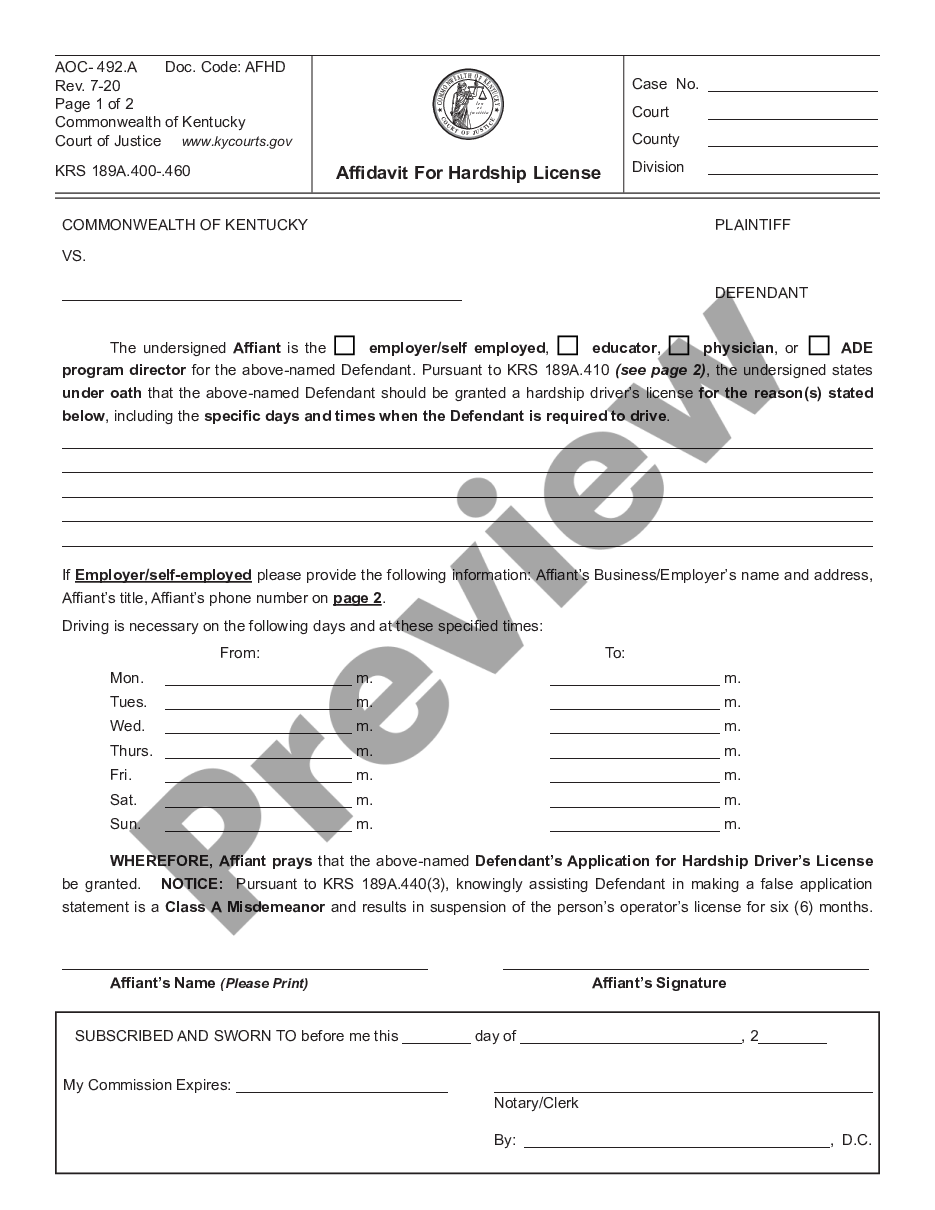 Louisville Kentucky Affidavit For Hardship License Us Legal Forms 7436