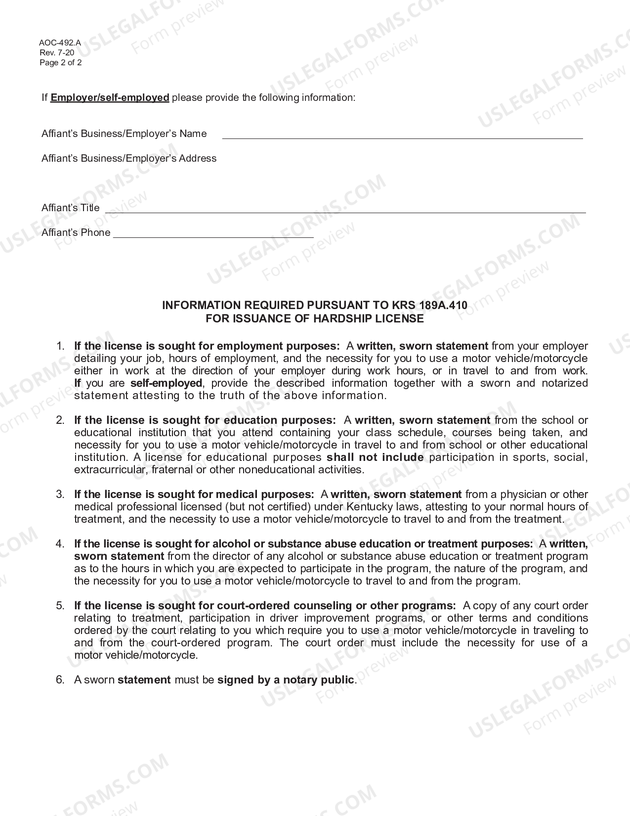 Louisville Kentucky Affidavit for Hardship License Hardship License