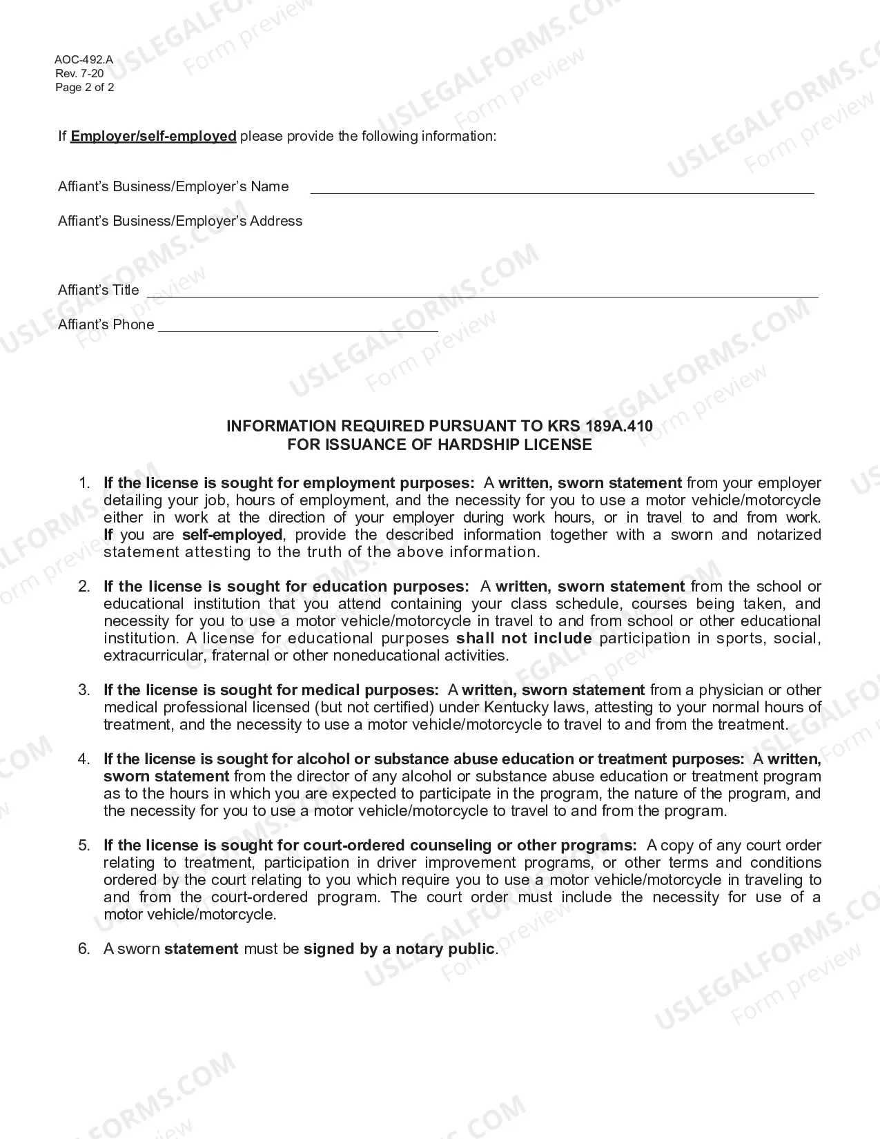Preview Affidavit for Hardship License