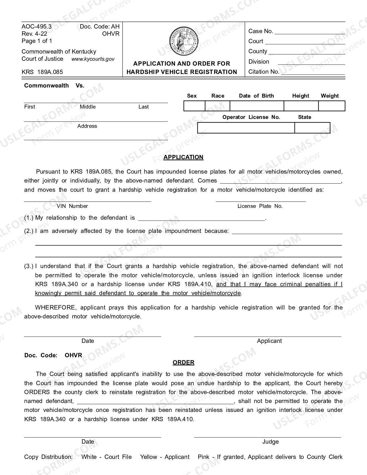 Kentucky Application and Order for Hardship Vehicle Registration What