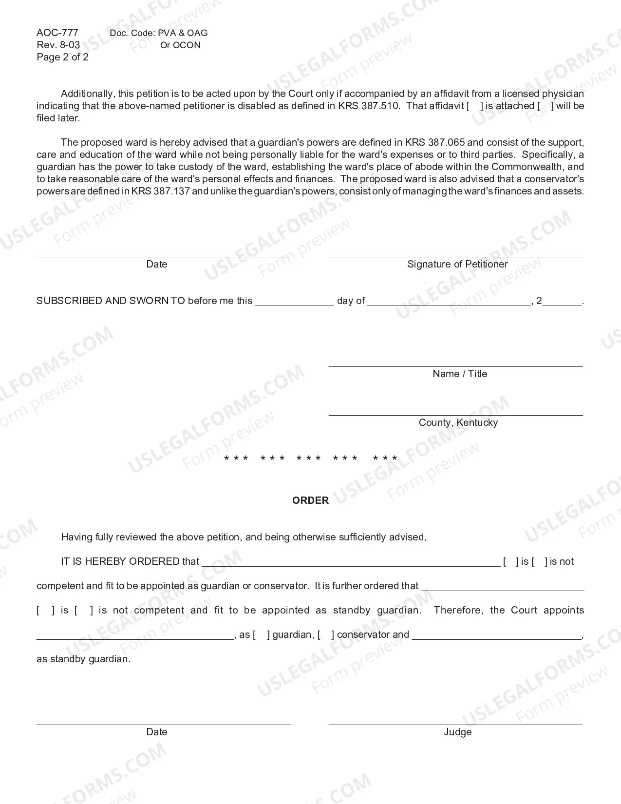 Preview Verified Petition for the Voluntary Appointment of a Guardian or Conservator and Standby Guardian and Order