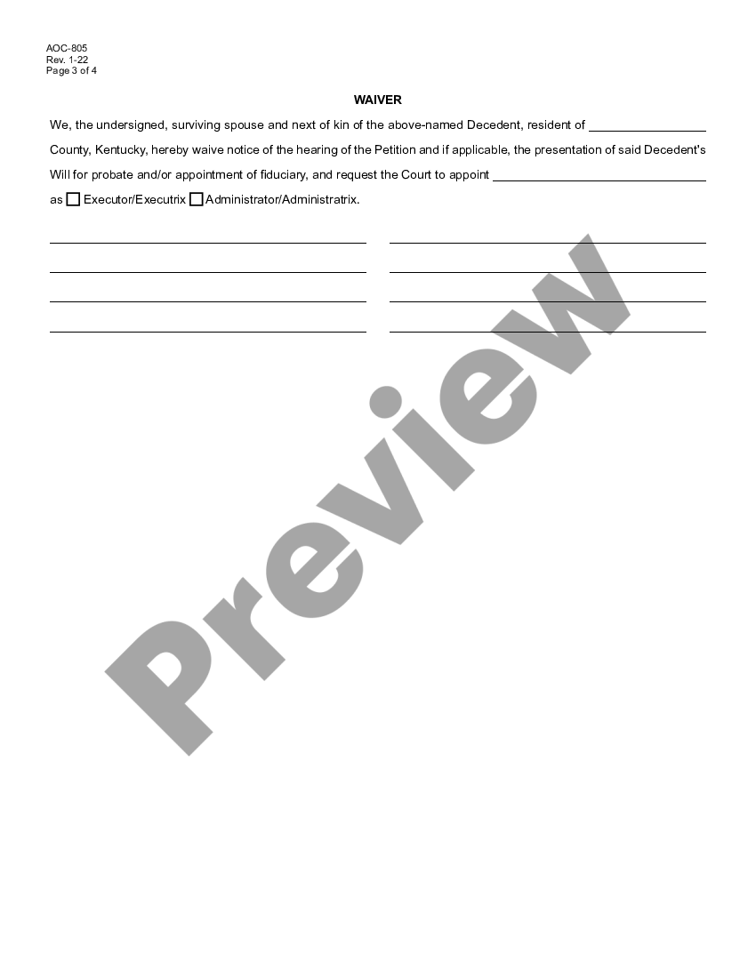 Kentucky Petition for Probate of Will Appointment of Administrator