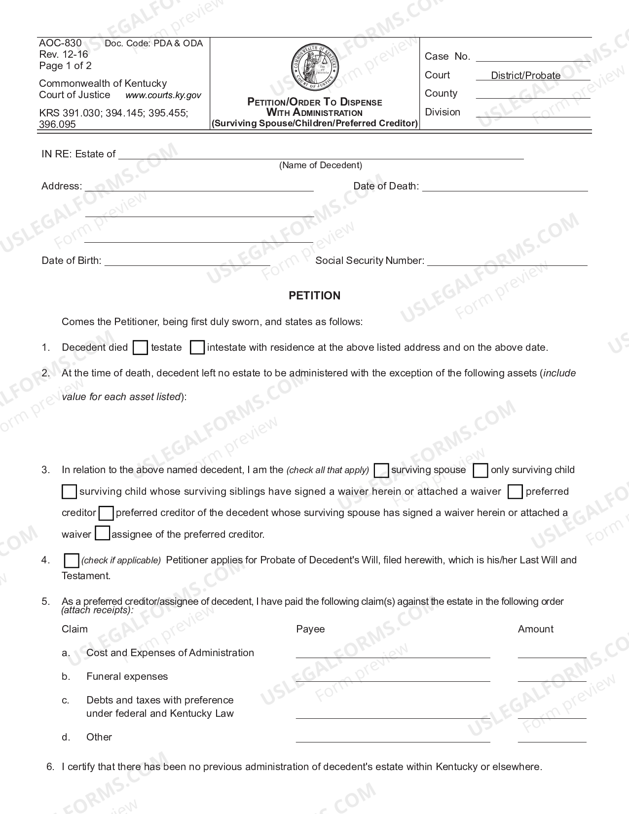 Kentucky Petition Order to Dispense with Administration Surviving