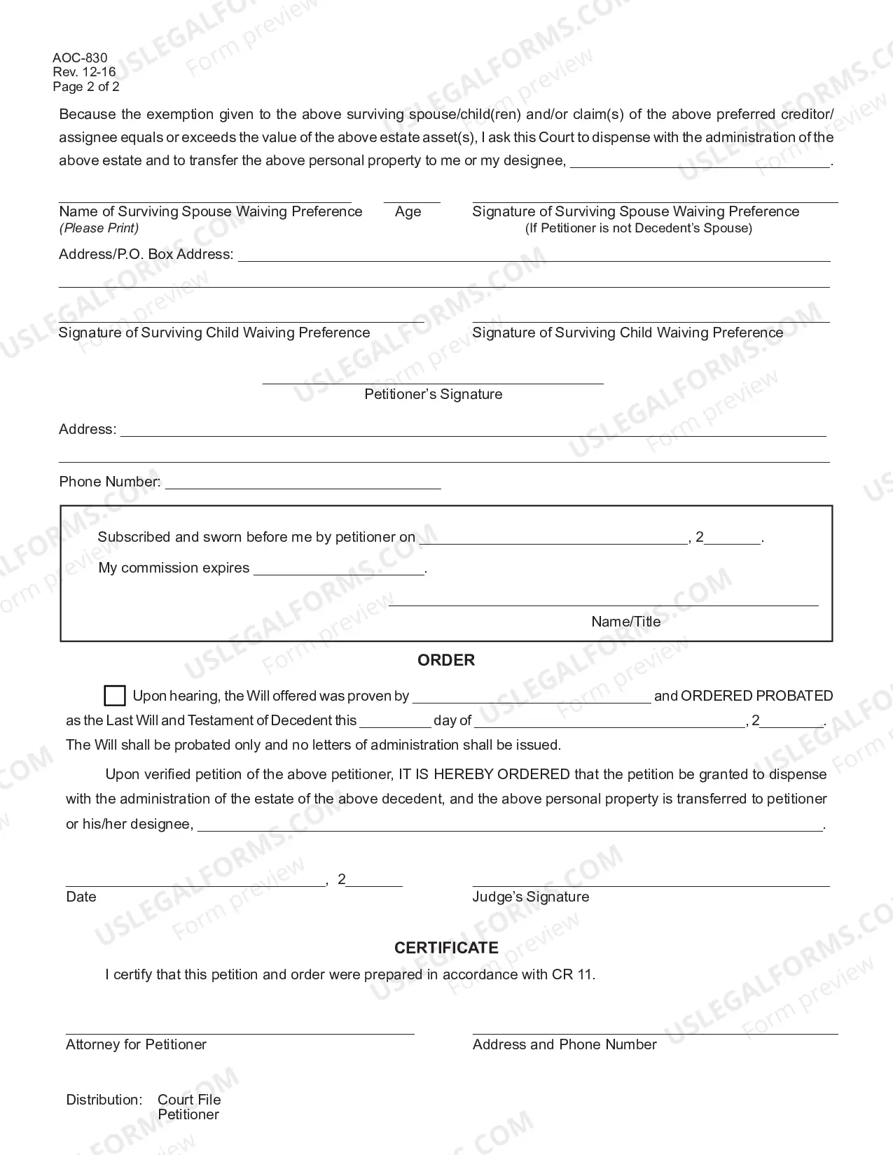 Preview Petition Order to Dispense with Administration Surviving Spouse, Children, or Preferred Creditor