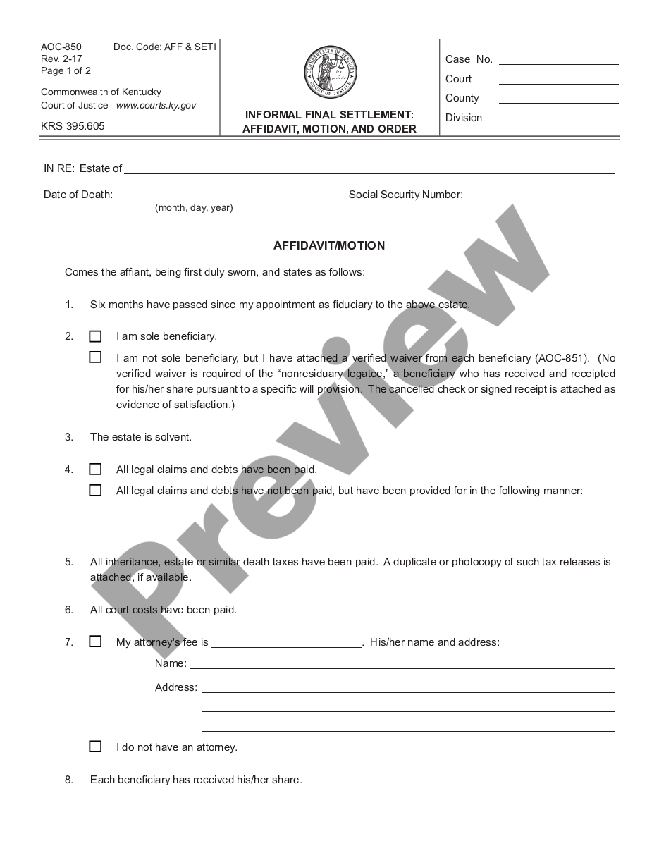 page 0 Informal Final Settlement Affidavit Motion and Order preview