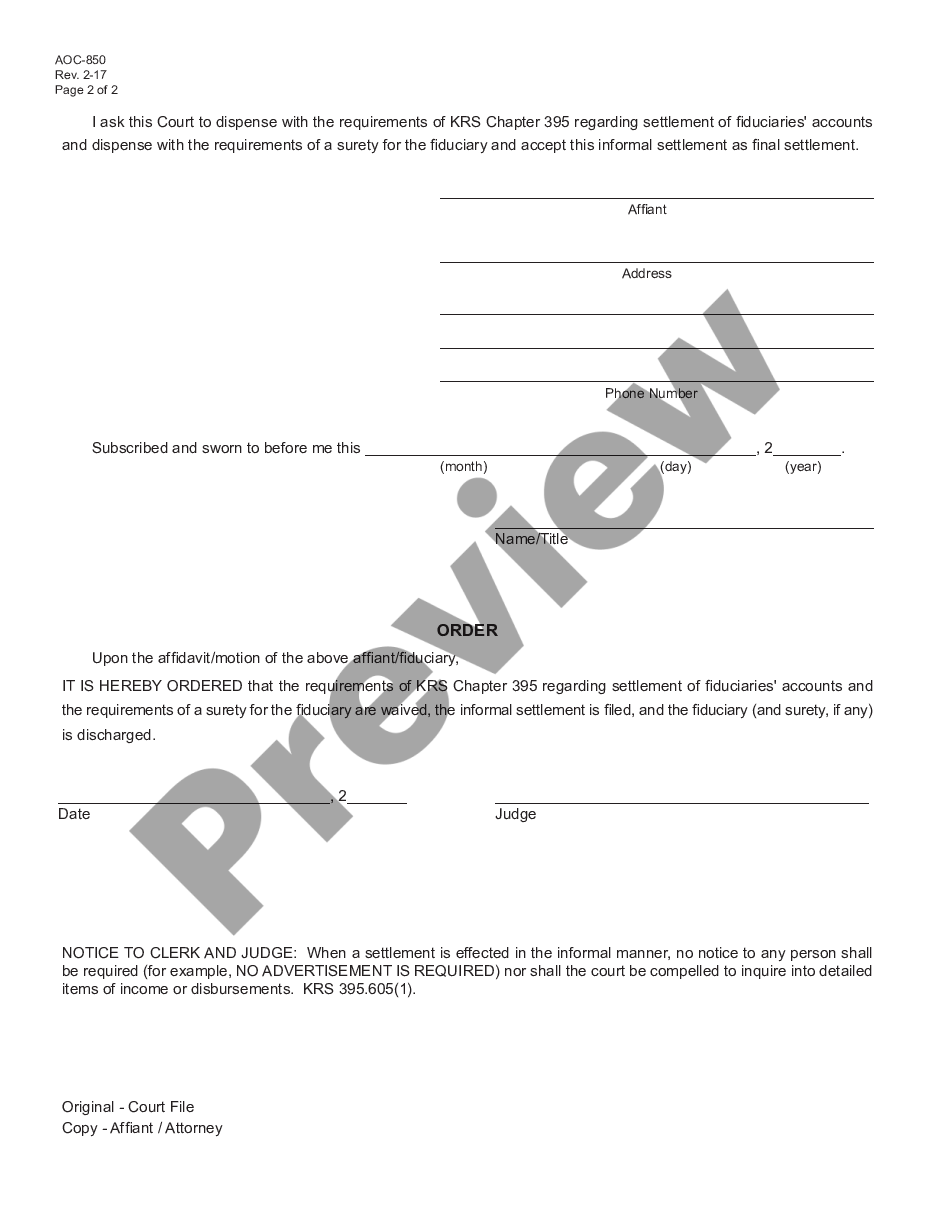 page 1 Informal Final Settlement Affidavit Motion and Order preview