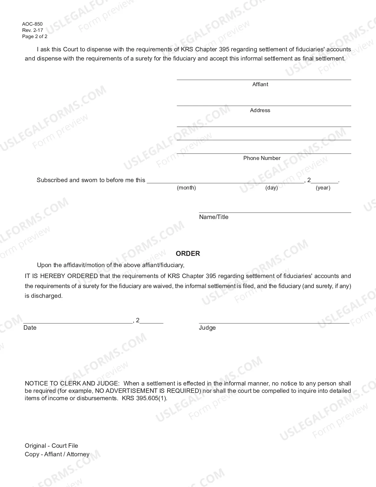 Preview Informal Final Settlement Affidavit Motion and Order