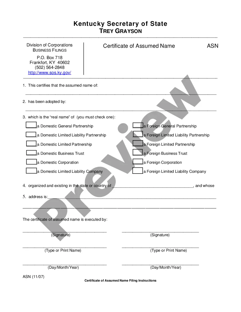 Louisville Kentucky Certificate of Assumed Name Certificate Of