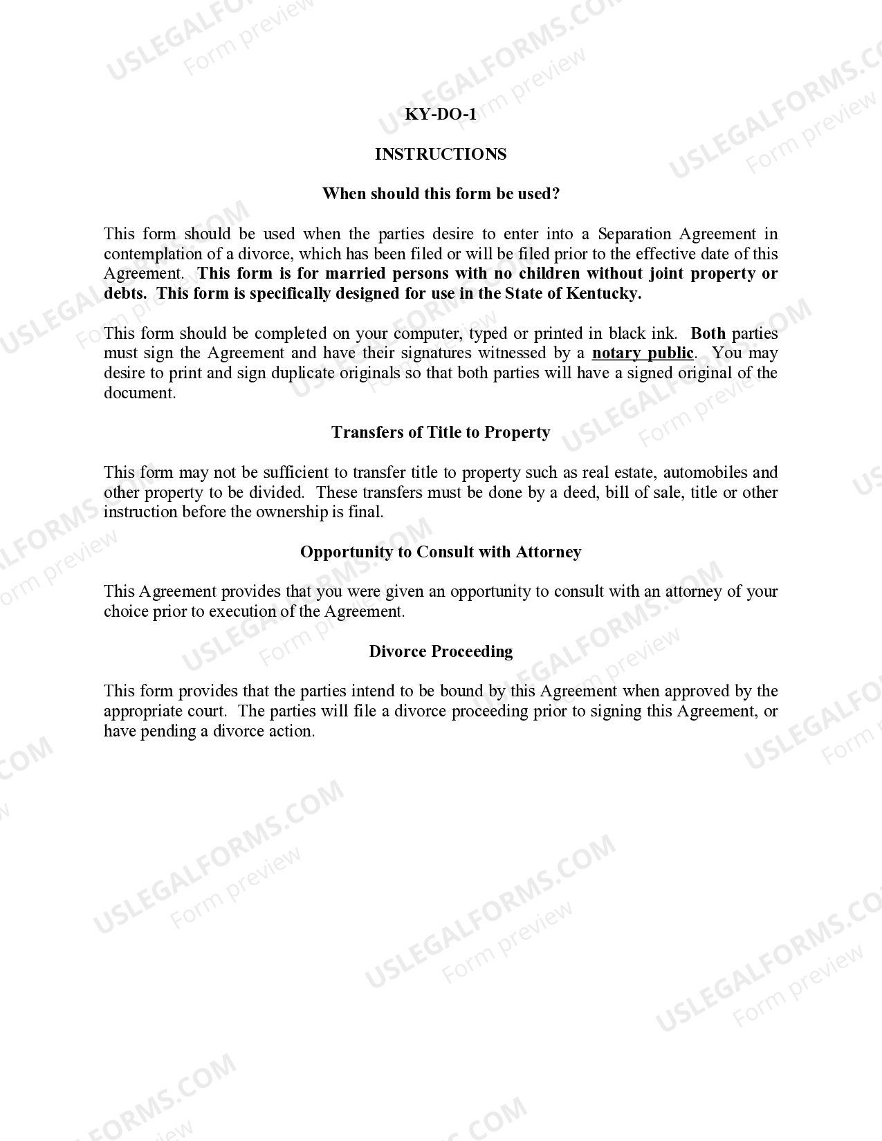 Kentucky Marital Legal Separation and Property Settlement Agreement for