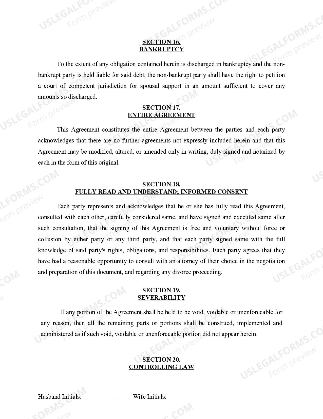 Preview Marital Legal Separation and Property Settlement Agreement for persons with No Children, No Joint Property or Debts where Divorce Action Filed