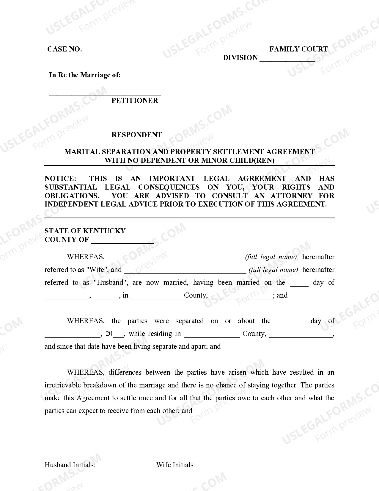 Preview Marital Legal Separation and Property Settlement Agreement for persons with No Children, No Joint Property or Debts where Divorce Action Filed