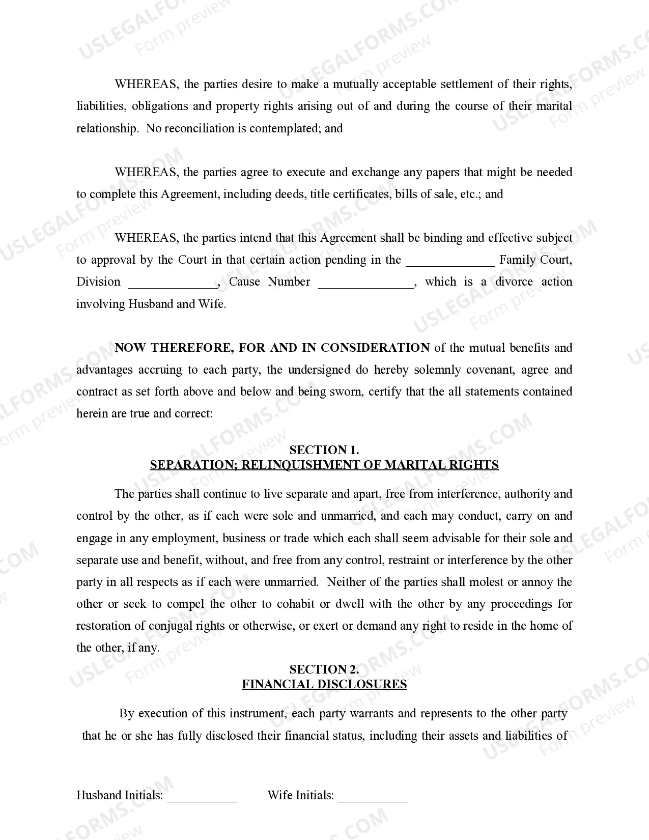 Preview Marital Legal Separation and Property Settlement Agreement for persons with No Children, No Joint Property or Debts where Divorce Action Filed