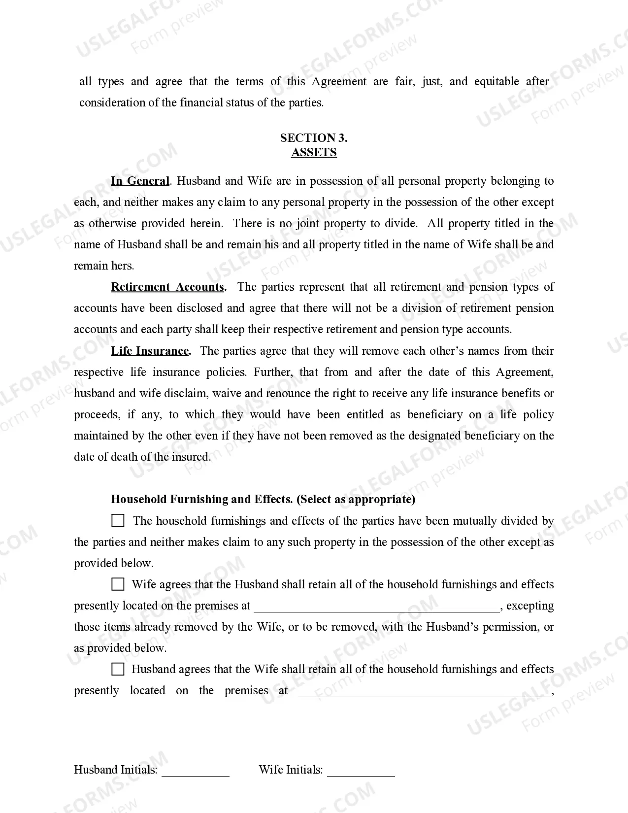 Preview Marital Legal Separation and Property Settlement Agreement for persons with No Children, No Joint Property or Debts where Divorce Action Filed