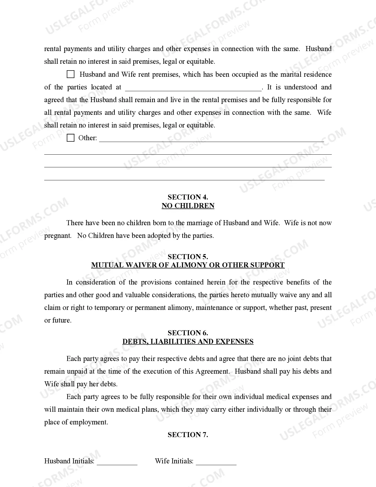 Preview Marital Legal Separation and Property Settlement Agreement for persons with No Children, No Joint Property or Debts where Divorce Action Filed