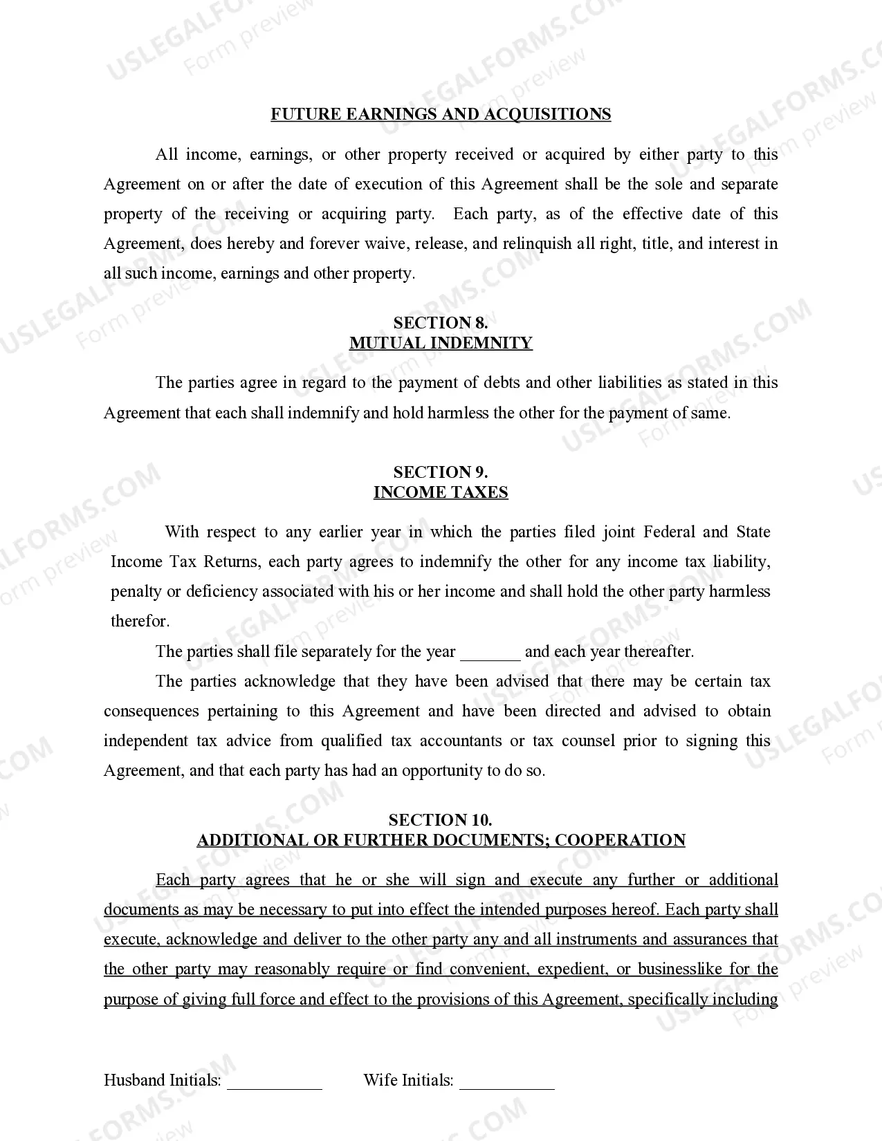 Preview Marital Legal Separation and Property Settlement Agreement for persons with No Children, No Joint Property or Debts where Divorce Action Filed