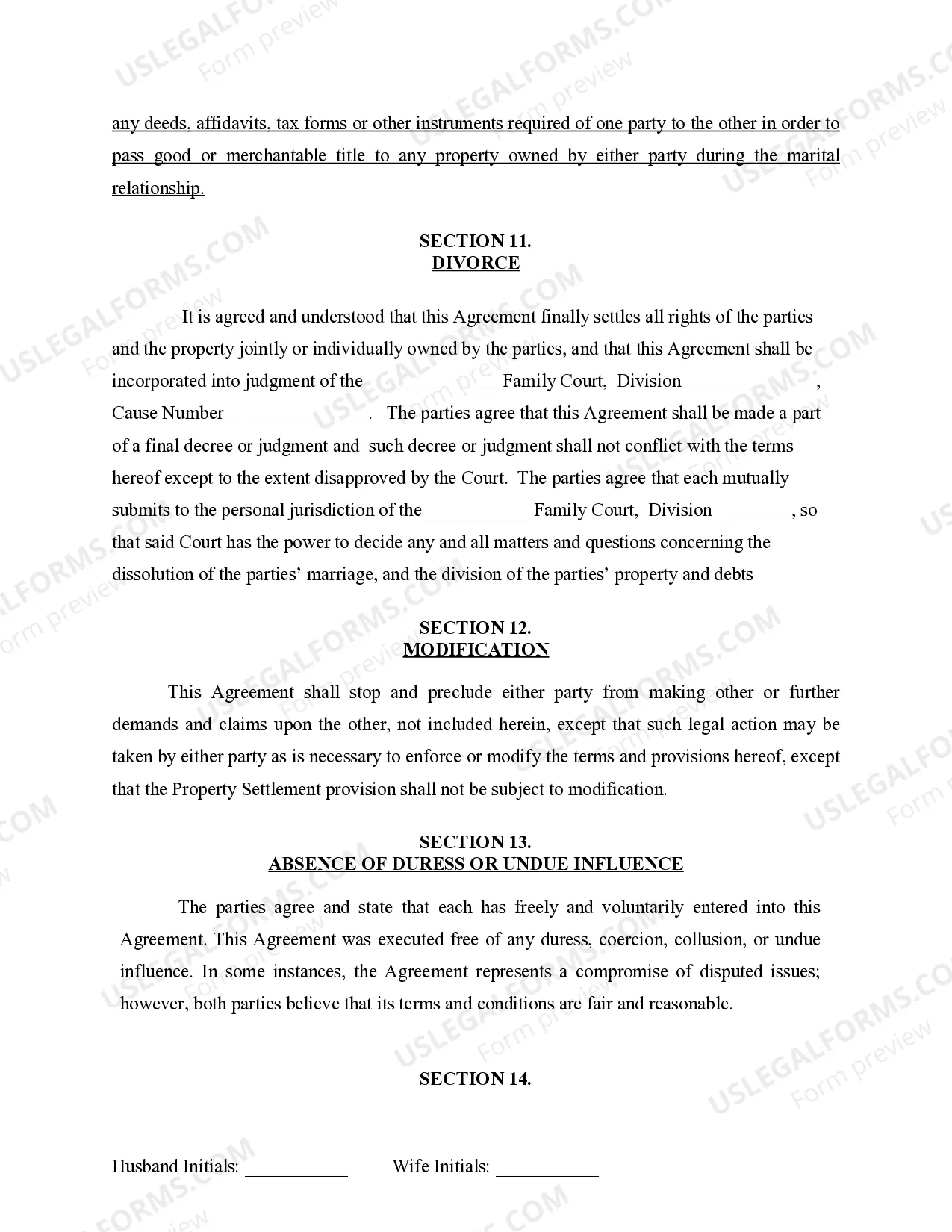 Preview Marital Legal Separation and Property Settlement Agreement for persons with No Children, No Joint Property or Debts where Divorce Action Filed