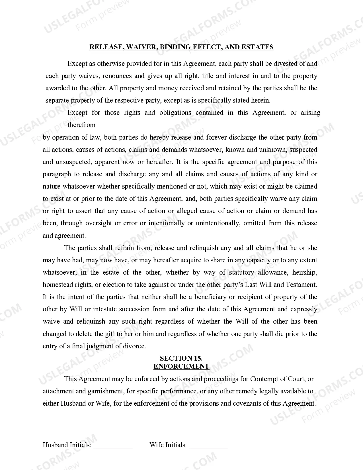 Preview Marital Legal Separation and Property Settlement Agreement for persons with No Children, No Joint Property or Debts where Divorce Action Filed