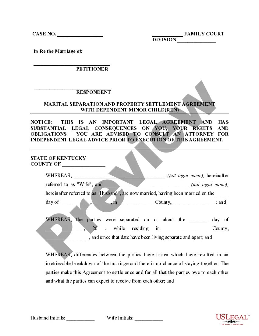 Preview Marital Legal Separation and Property Settlement Agreement Minor Children no Joint Property or Debts where Divorce Action Filed