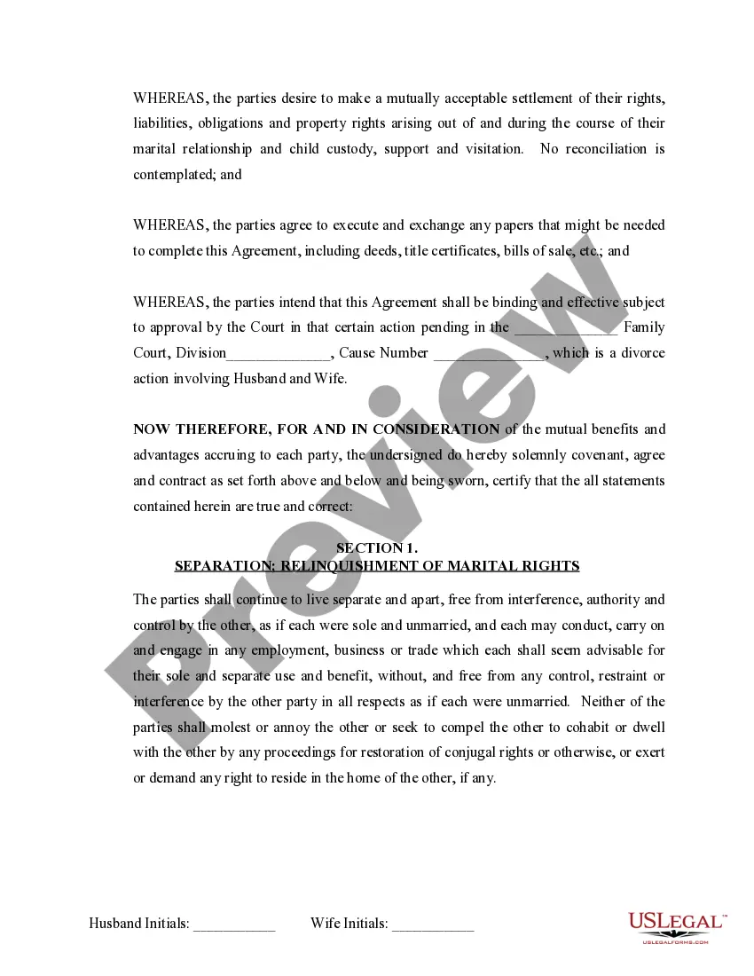 Preview Marital Legal Separation and Property Settlement Agreement Minor Children no Joint Property or Debts where Divorce Action Filed
