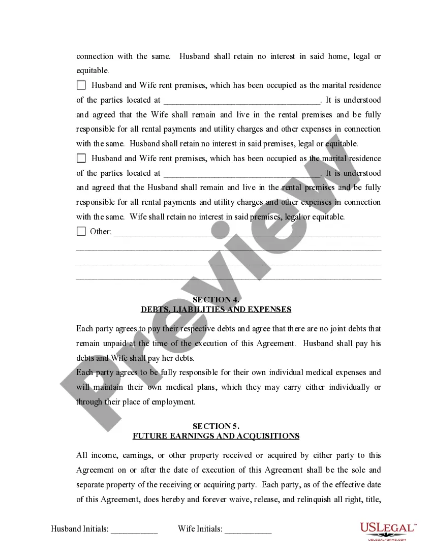 Preview Marital Legal Separation and Property Settlement Agreement Minor Children no Joint Property or Debts where Divorce Action Filed