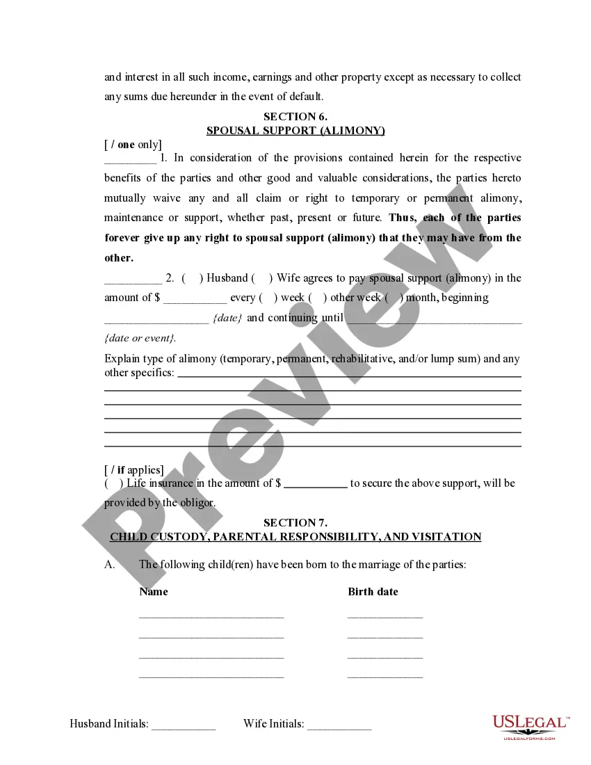 Preview Marital Legal Separation and Property Settlement Agreement Minor Children no Joint Property or Debts where Divorce Action Filed