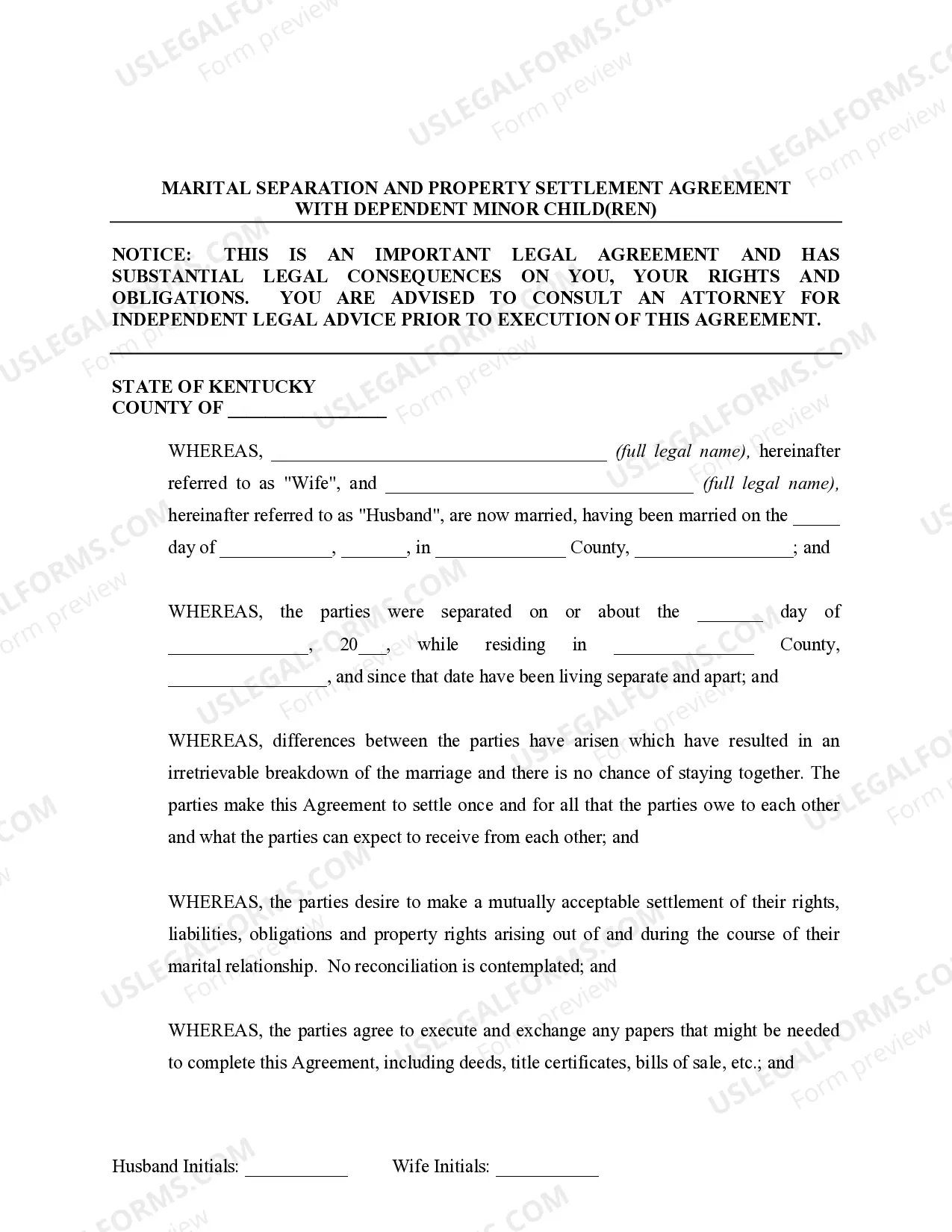 Preview Marital Legal Separation and Property Settlement Agreement Minor Children no Joint Property or Debts effective Immediately