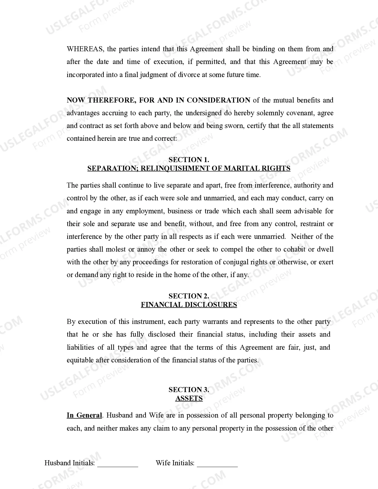 Preview Marital Legal Separation and Property Settlement Agreement Minor Children no Joint Property or Debts effective Immediately