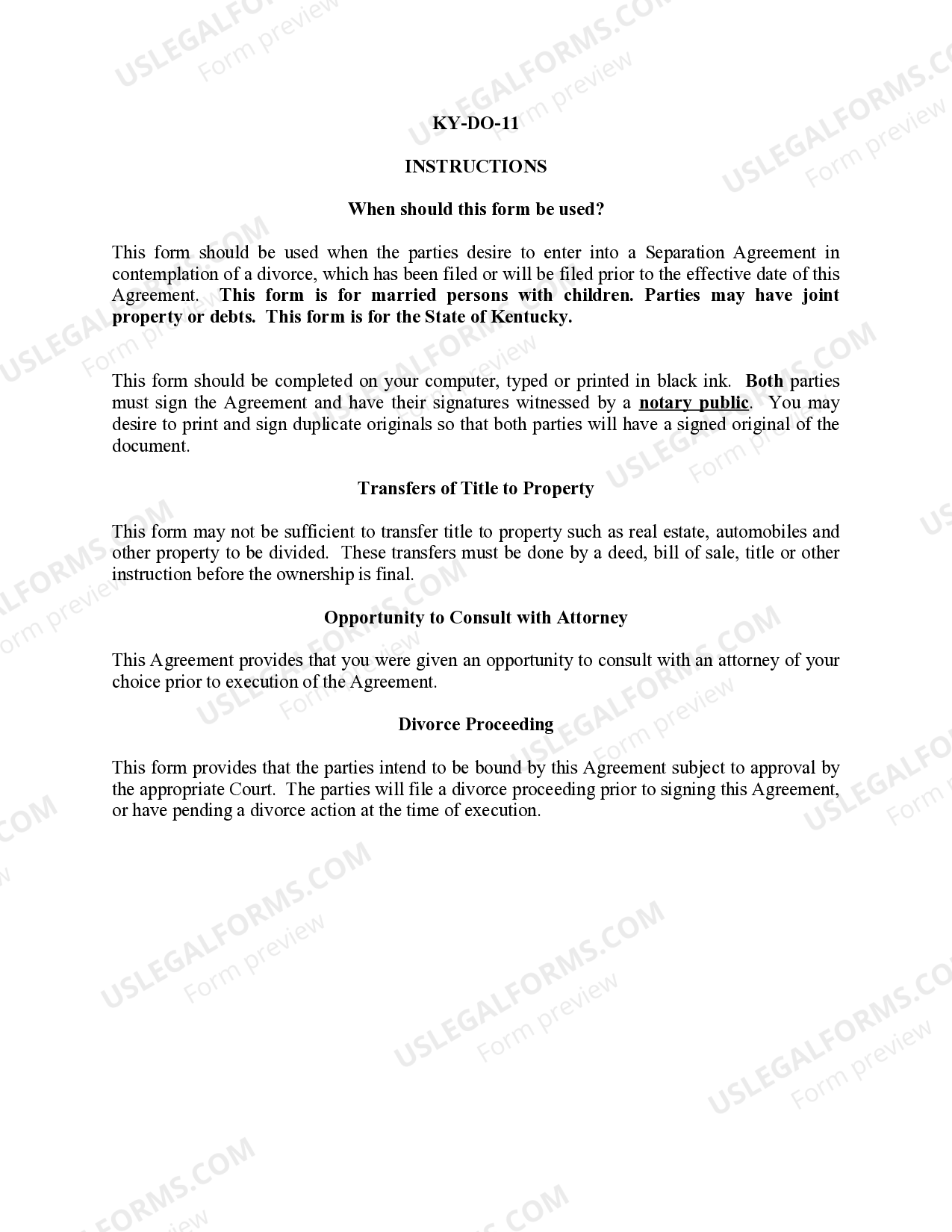 Kentucky Marital Legal Separation and Property Settlement Agreement ...