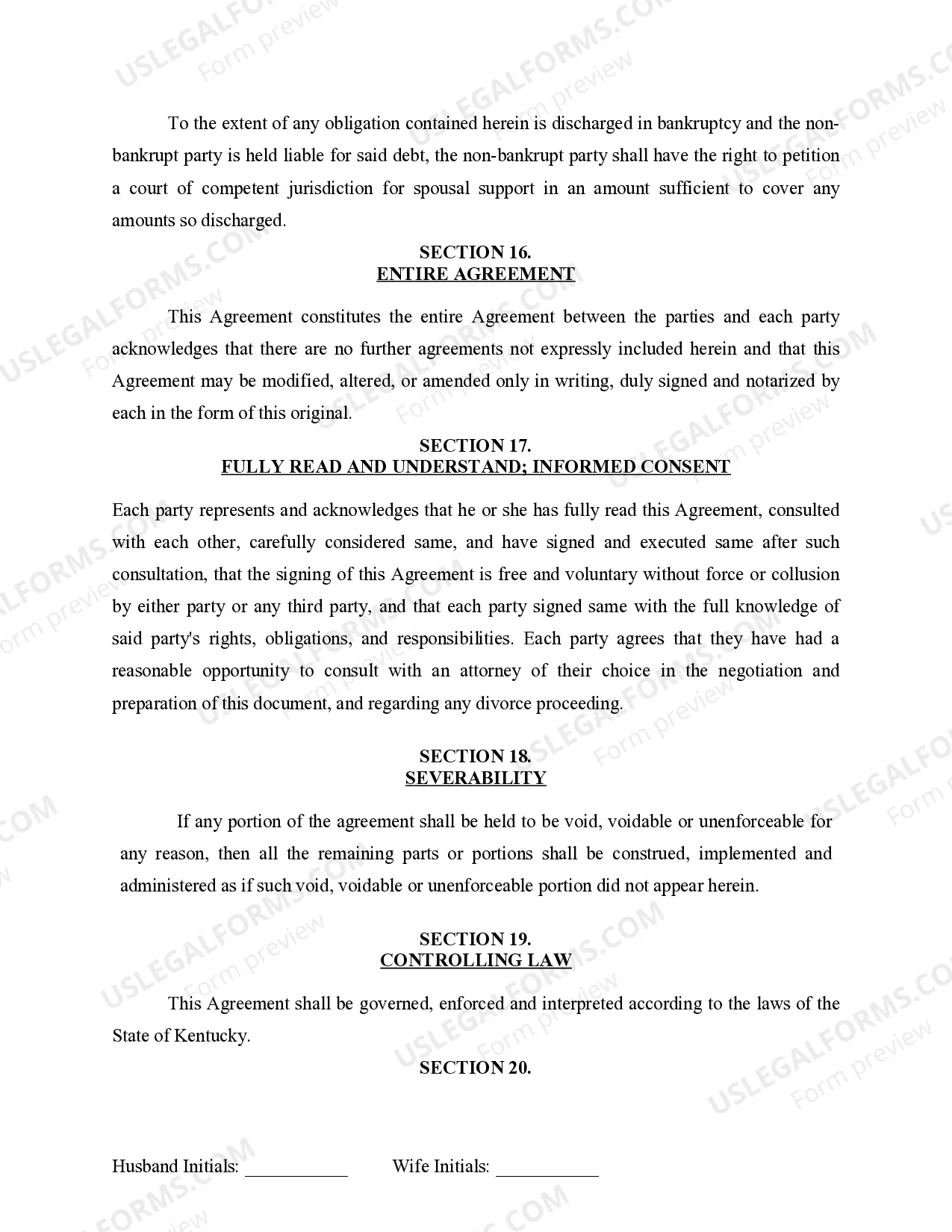 Preview Marital Legal Separation and Property Settlement Agreement for persons with no Children, no Joint Property, or Debts Effective Immediately