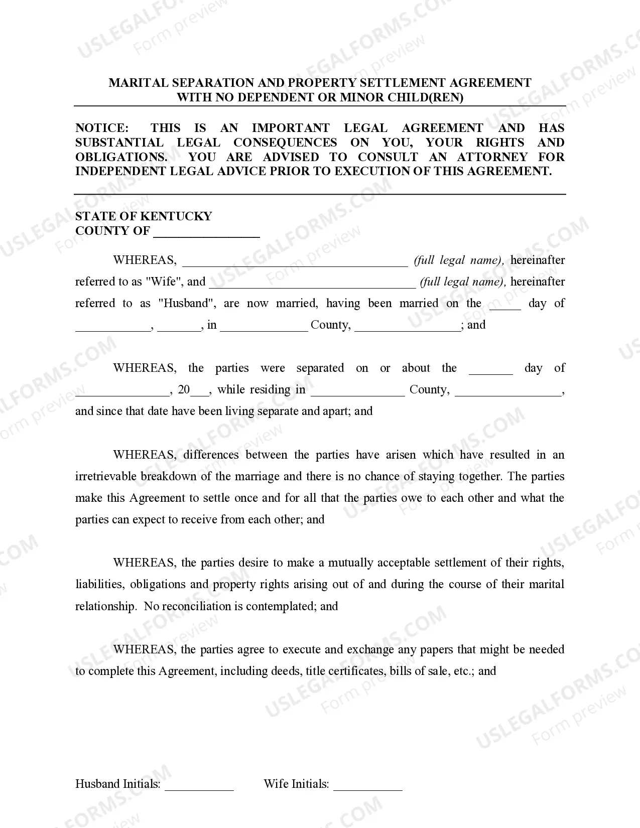 Preview Marital Legal Separation and Property Settlement Agreement for persons with no Children, no Joint Property, or Debts Effective Immediately