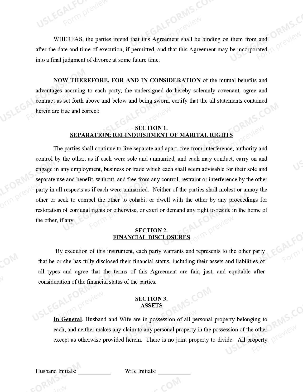 Preview Marital Legal Separation and Property Settlement Agreement for persons with no Children, no Joint Property, or Debts Effective Immediately