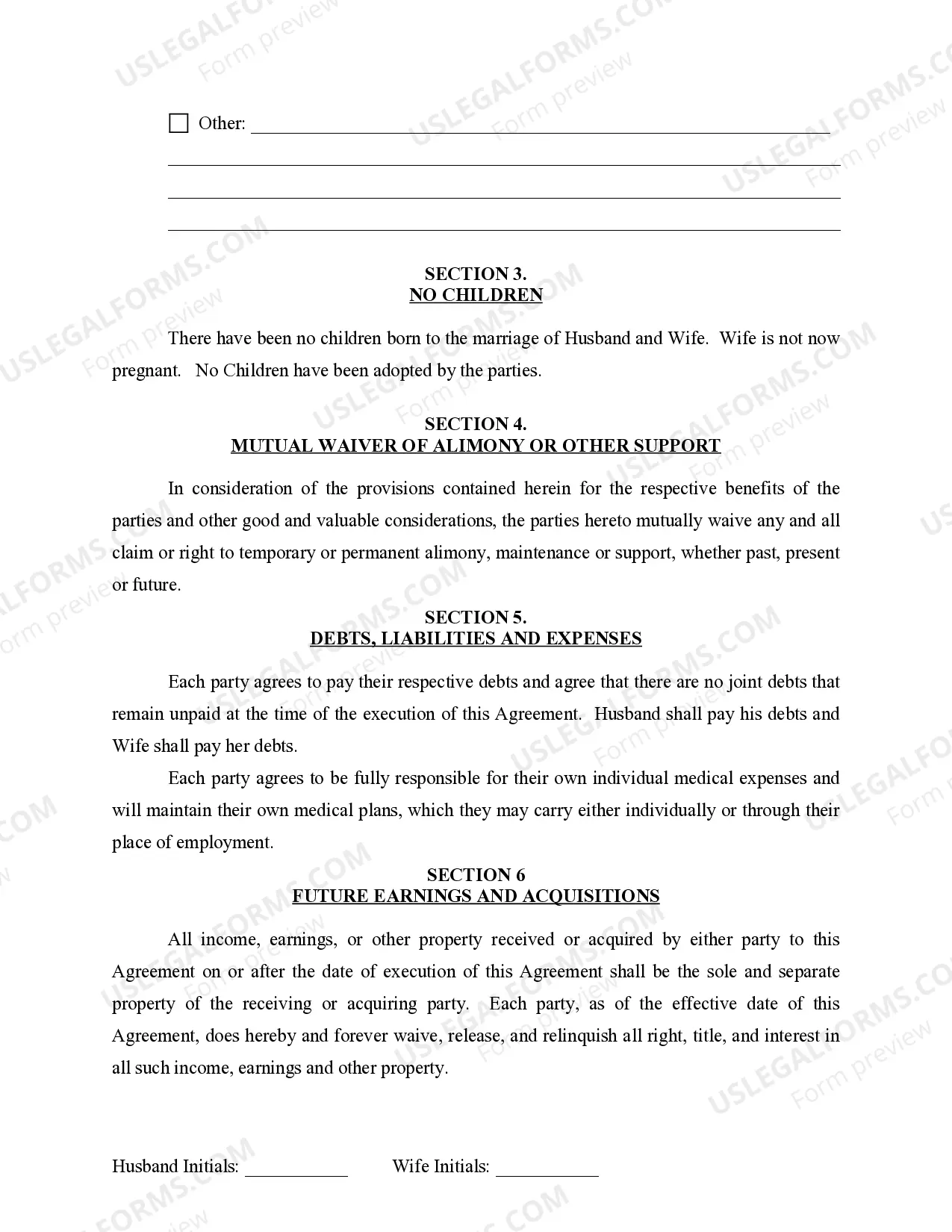 Preview Marital Legal Separation and Property Settlement Agreement for persons with no Children, no Joint Property, or Debts Effective Immediately