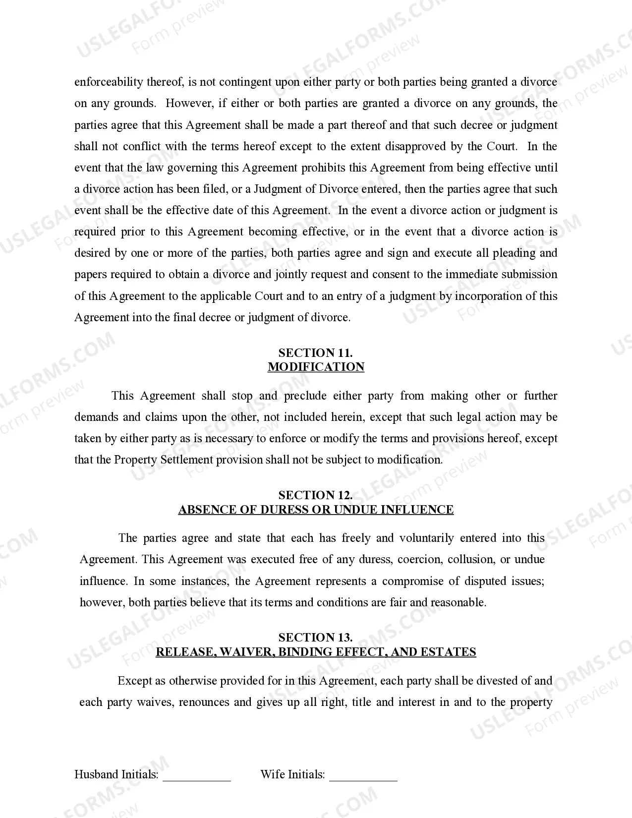 Preview Marital Legal Separation and Property Settlement Agreement for persons with no Children, no Joint Property, or Debts Effective Immediately