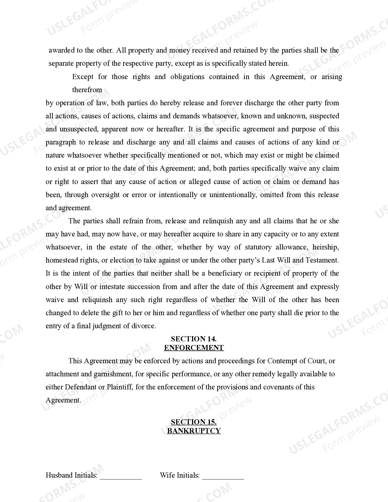 Preview Marital Legal Separation and Property Settlement Agreement for persons with no Children, no Joint Property, or Debts Effective Immediately
