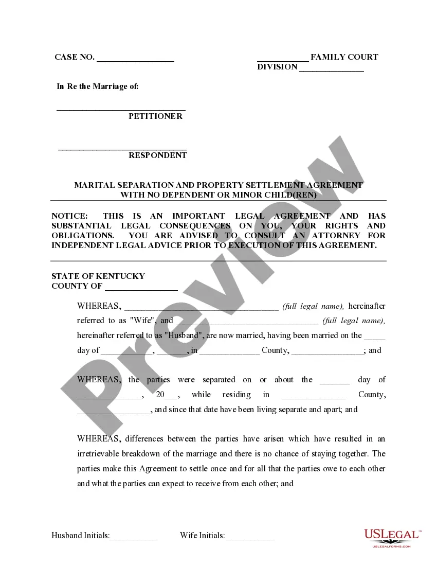 Get Marital Legal Separation and Property Settlement Agreement no Children parties may have Joint Property or Debts where Divorce Action Filed Preview Marital Legal Separation and Property Settlement Agreement no Children parties may have Joint Property or Debts where Divorce Action Filed