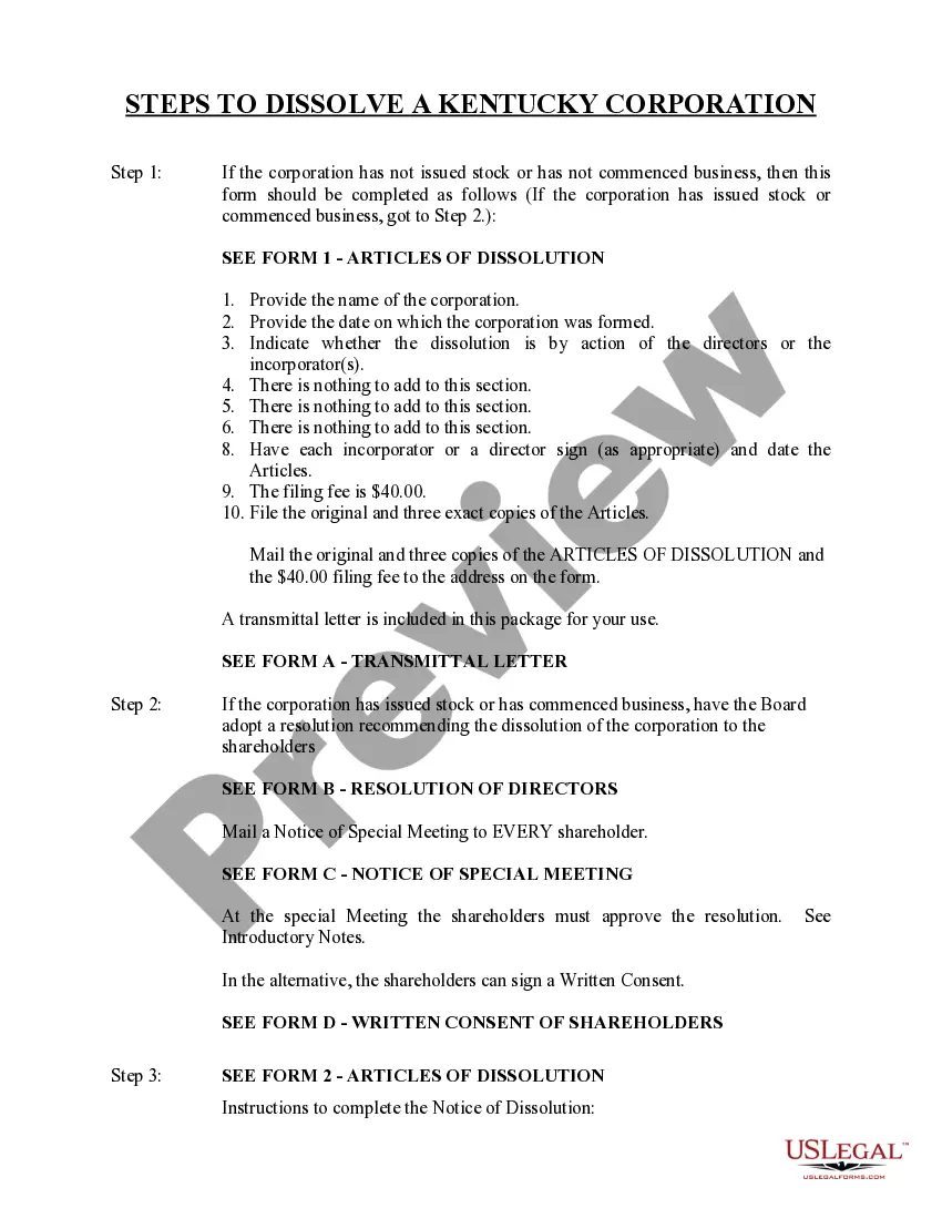 Get Kentucky Dissolution Package to Dissolve Corporation Preview Kentucky Dissolution Package to Dissolve Corporation
